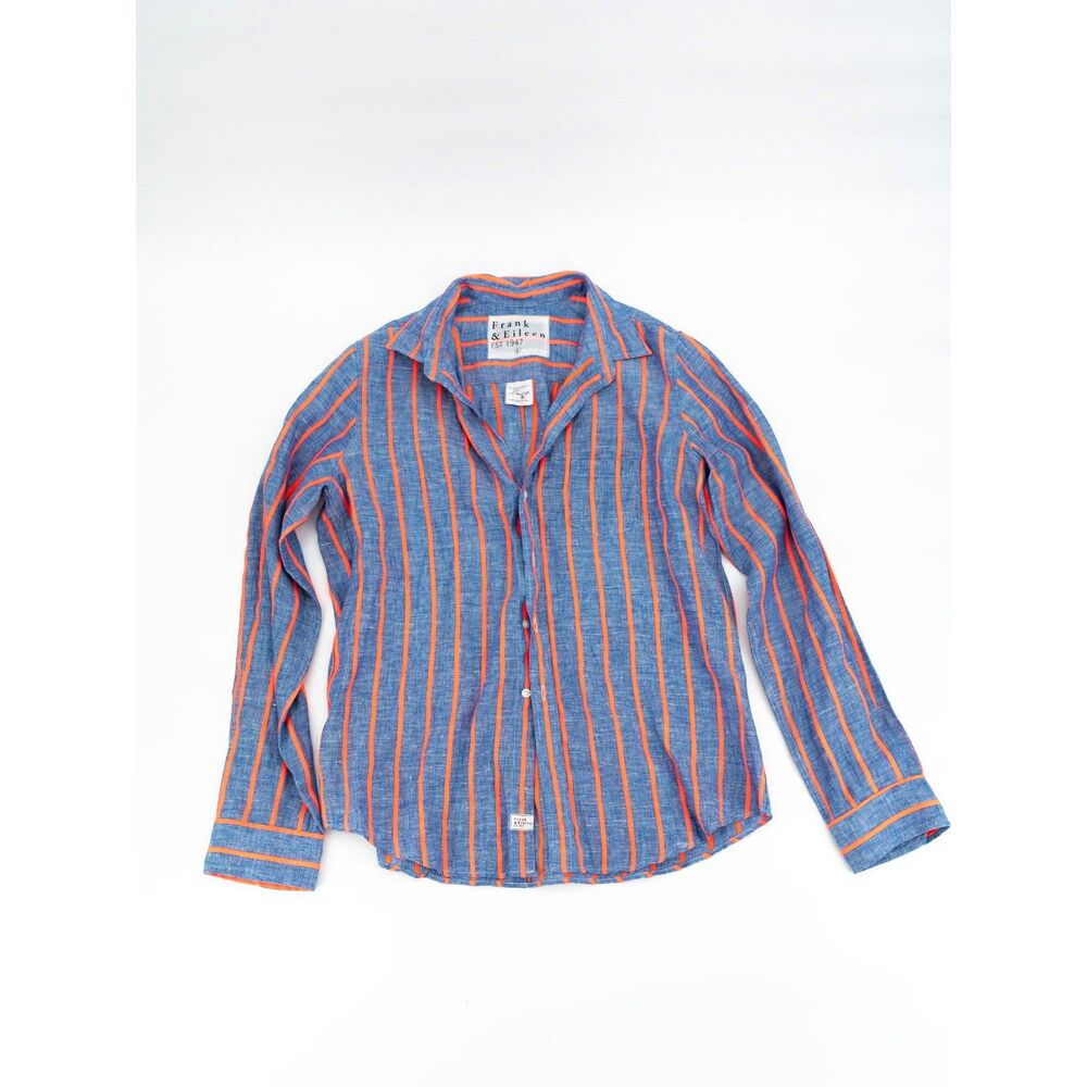 Frank & Eileen Womens L Button Down Shirt 100% Linen Blue & Coral Long Sleeve